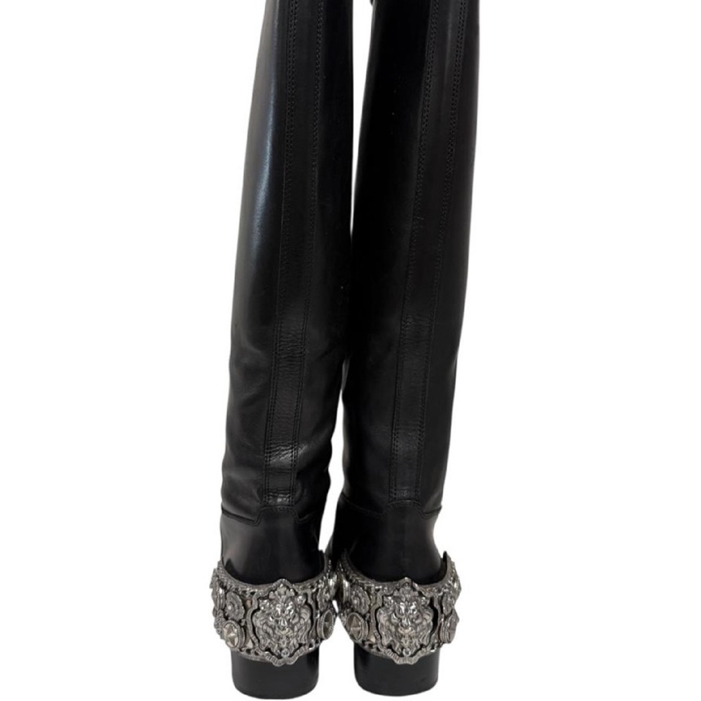 CHANEL Black Over the Knee Boots with Silver Embellishments